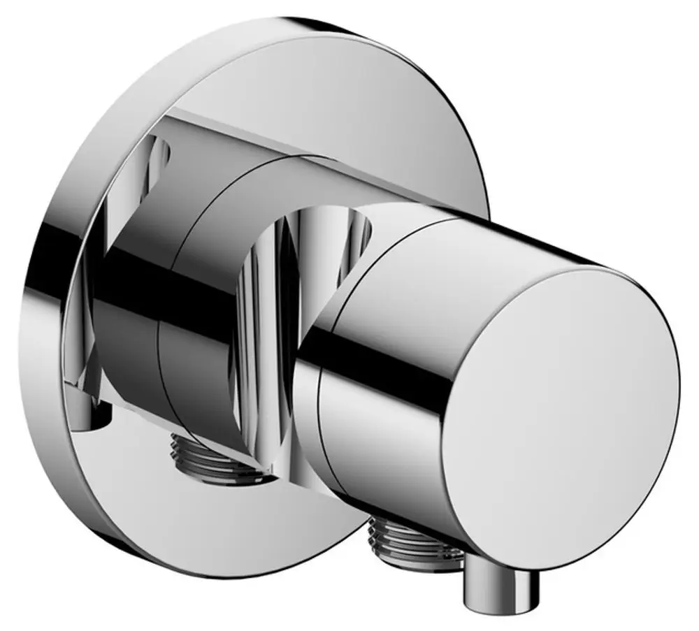 Zweigriff-Wasseranschluss von Keuco, verchromt, runde Bauform mit zwei Anschlussmöglichkeiten für Schlauch und Brause.